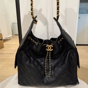 Chanel 25 Medium Black Quilted Shoulder Bag with Gold Chain